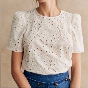 Sezane Cream Annabelle Eyelet Top Size 36 EUC